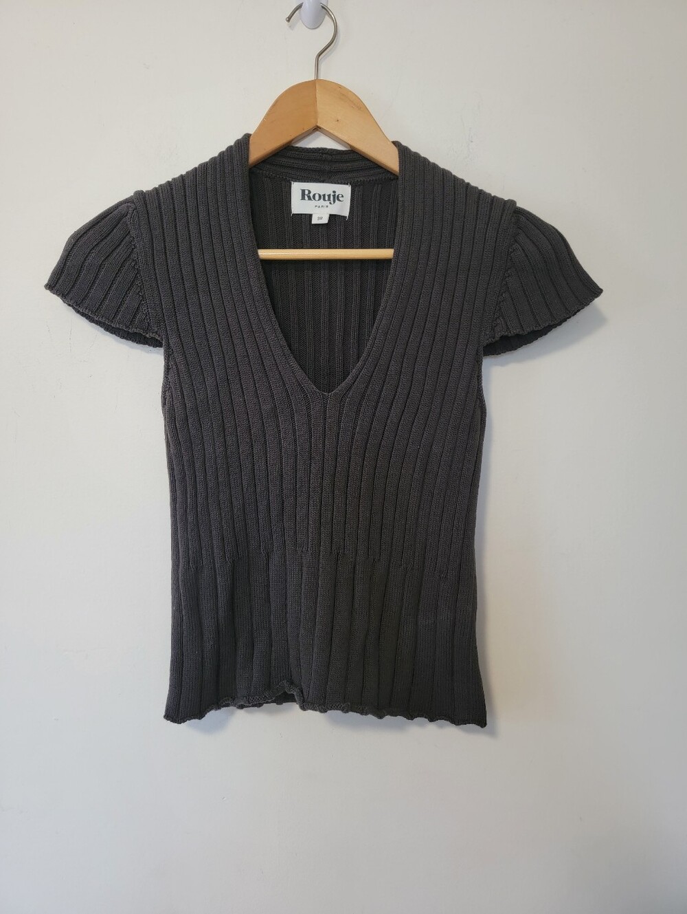 Rouje Charcoal Ribbed V-Neck Short Sleeve Top
